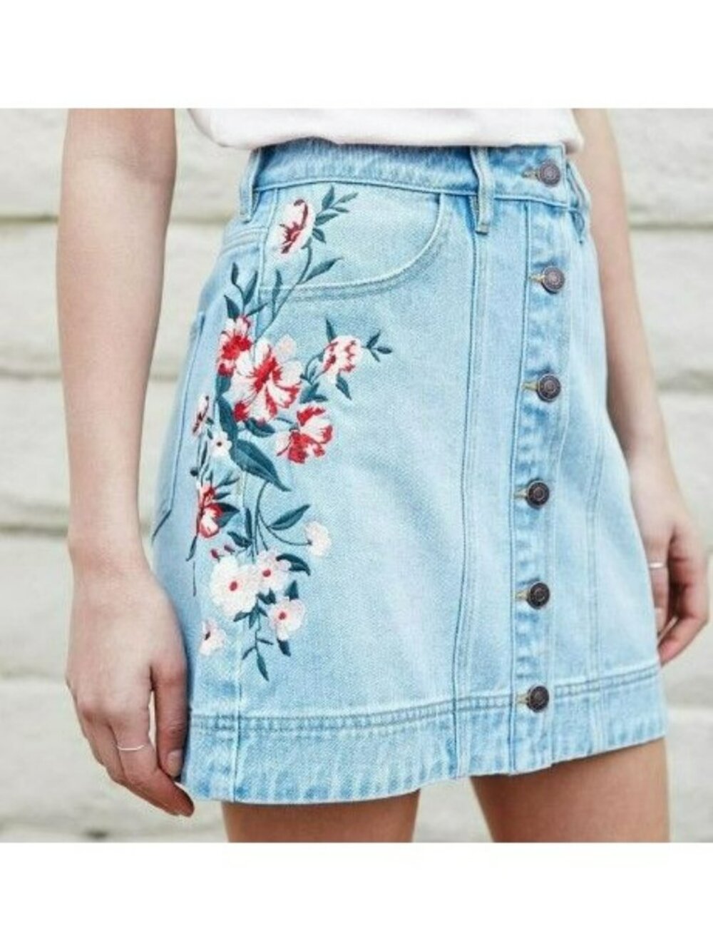 NEW Pacsun Floral Embroidered Blue Denim Skirt Miranda Coastal Cowgirl Western